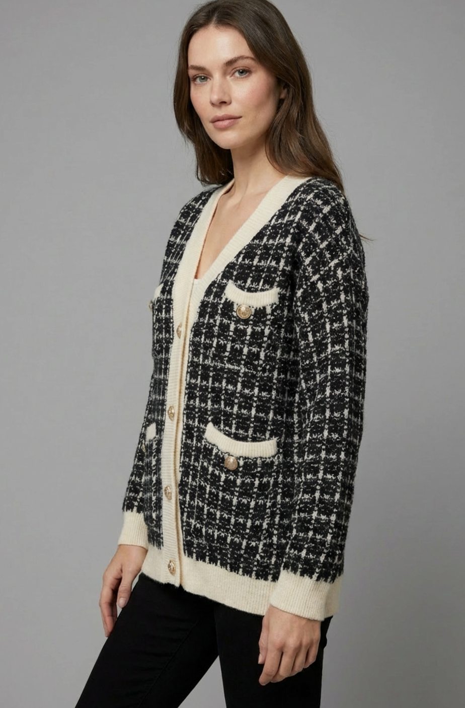 Women's V-Neck Chunky Knit Sweater Cardigan Gold Button Tweed