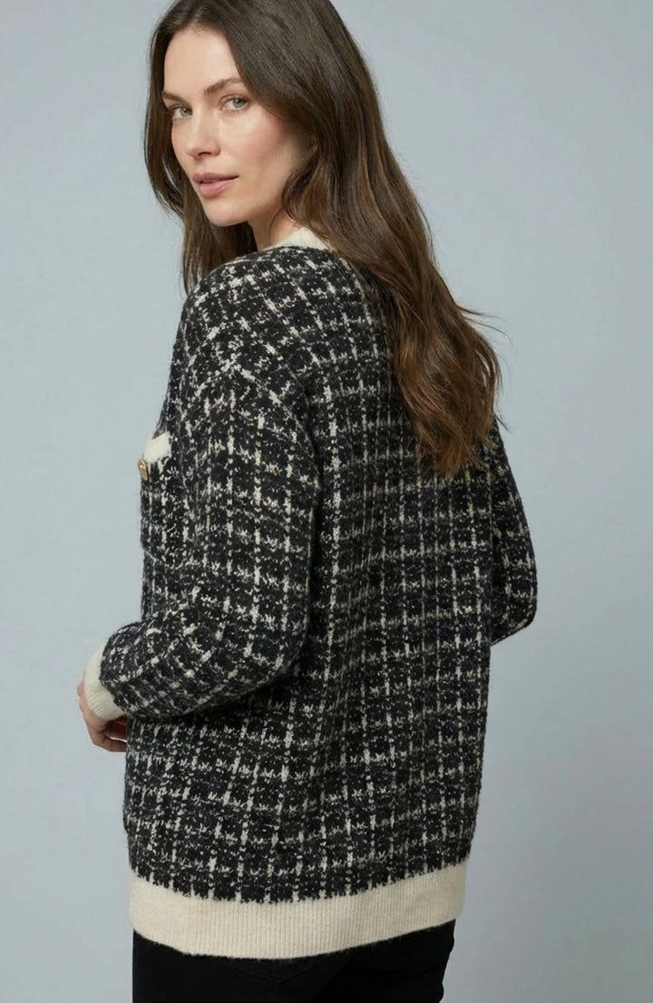 Women's V-Neck Chunky Knit Sweater Cardigan Gold Button Tweed