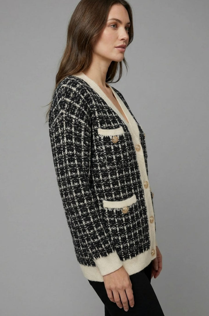 Women's V-Neck Chunky Knit Sweater Cardigan Gold Button Tweed