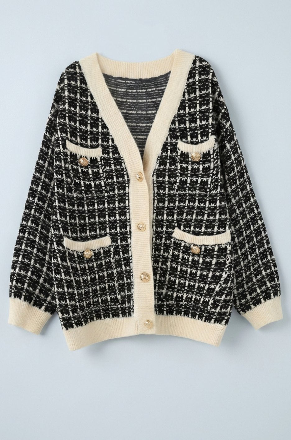 Women's V-Neck Chunky Knit Sweater Cardigan Gold Button Tweed