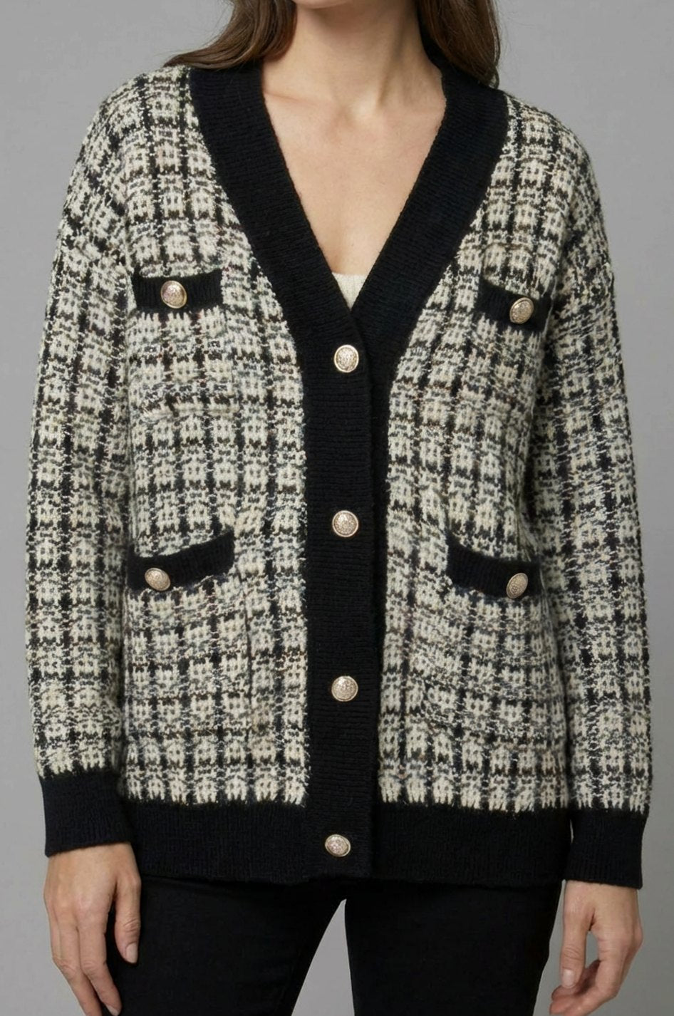 Women's V-Neck Chunky Knit Sweater Cardigan Gold Button Tweed - Black
