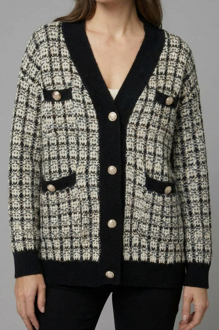 Women's V-Neck Chunky Knit Sweater Cardigan Gold Button Tweed - Black