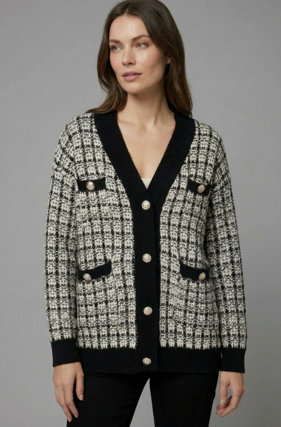Women's V-Neck Chunky Knit Sweater Cardigan Gold Button Tweed