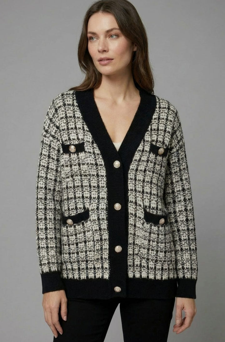 Women's V-Neck Chunky Knit Sweater Cardigan Gold Button Tweed