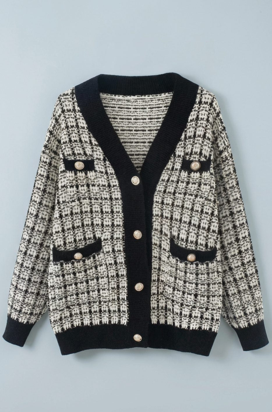 Women's V-Neck Chunky Knit Sweater Cardigan Gold Button Tweed