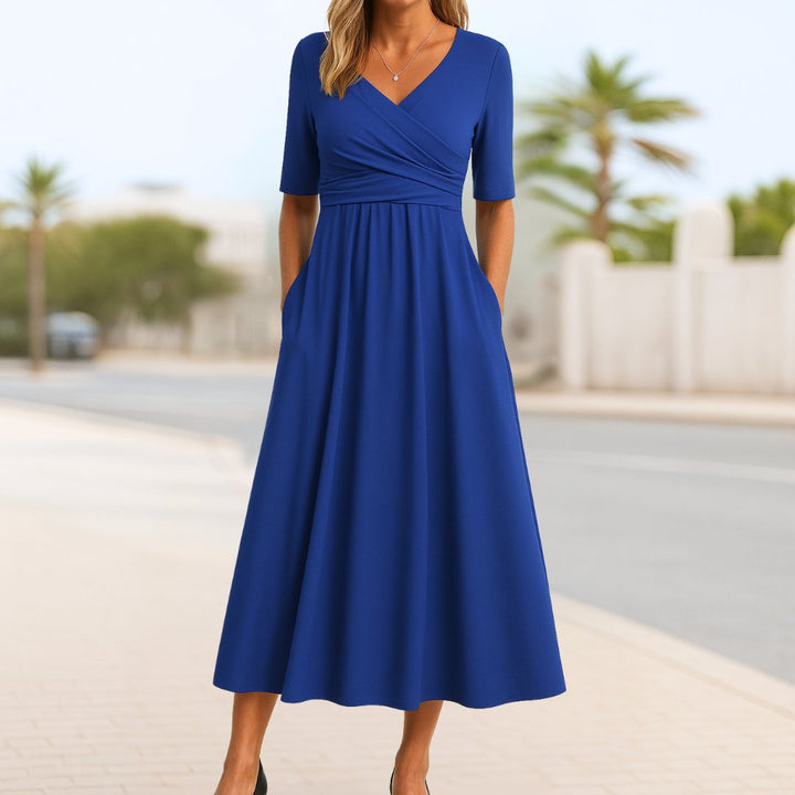 Women's V-Neck Cross-Front Short-Sleeve Midi Dress - Navy Blue
