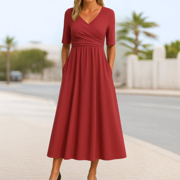 Women's V-Neck Cross-Front Short-Sleeve Midi Dress - Red