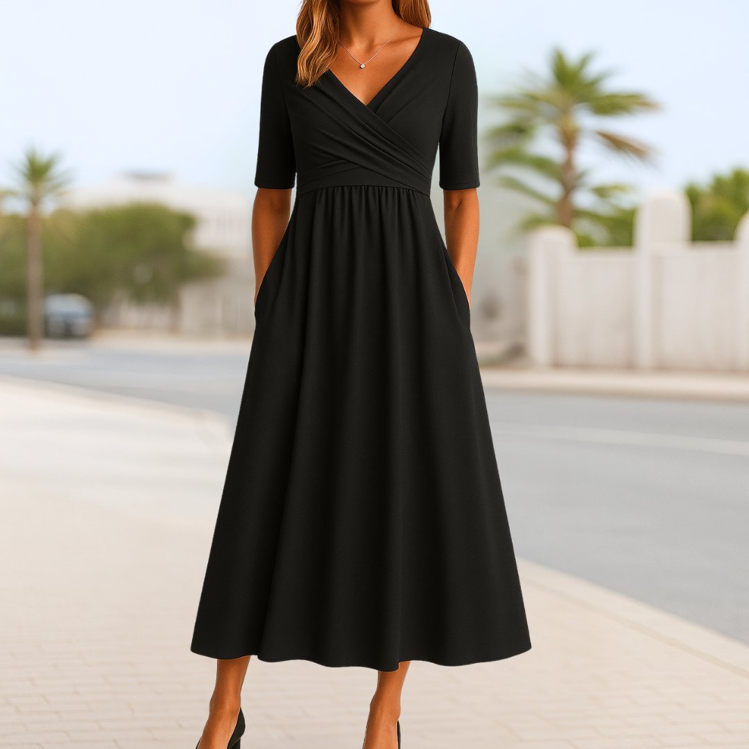 Women's V-Neck Cross-Front Short-Sleeve Midi Dress - Black