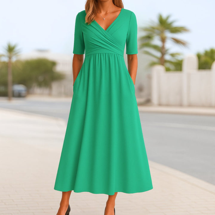 Women's V-Neck Cross-Front Short-Sleeve Midi Dress - Green