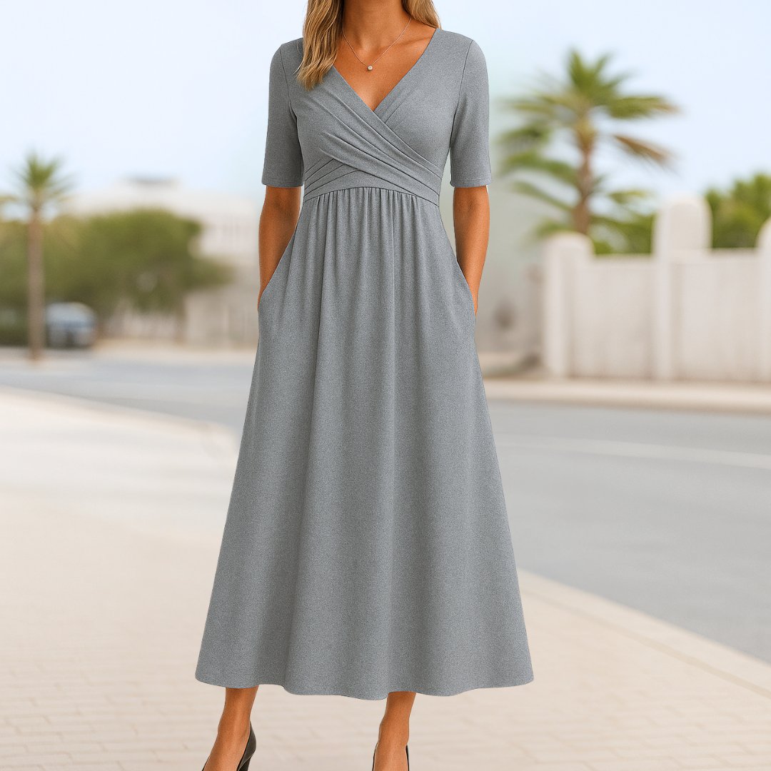 Women's V-Neck Cross-Front Short-Sleeve Midi Dress - Gray