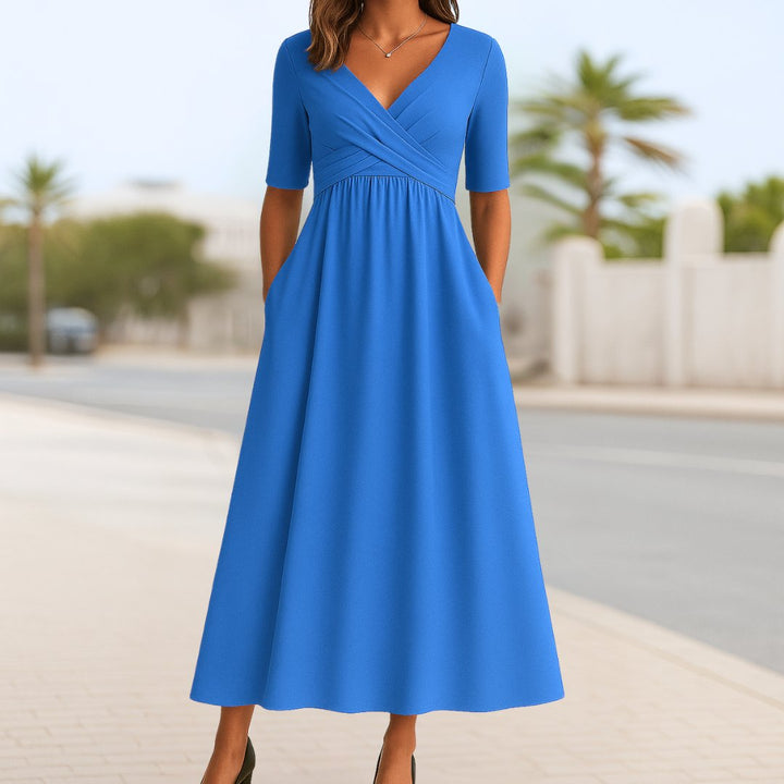 Women's V-Neck Cross-Front Short-Sleeve Midi Dress - Light Blue