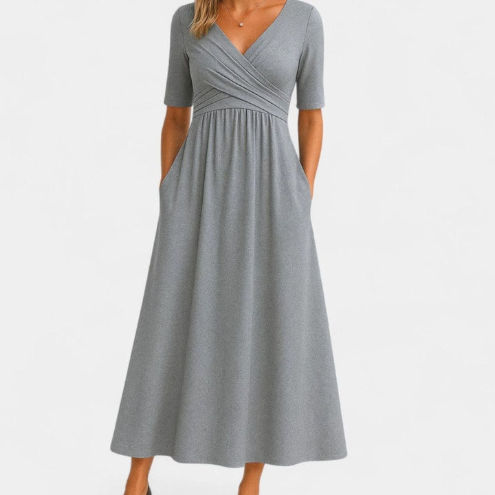 Women's V-Neck Empire-Waist Flared Midi Dress Pockets - Grey