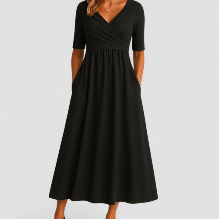 Women's V-Neck Empire-Waist Flared Midi Dress Pockets - Black