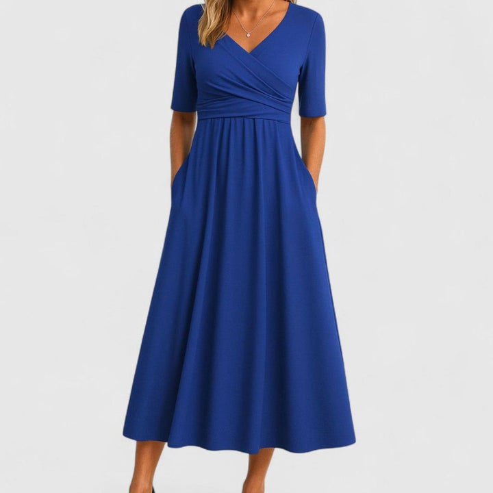 Women's V-Neck Empire-Waist Flared Midi Dress Pockets - Blue