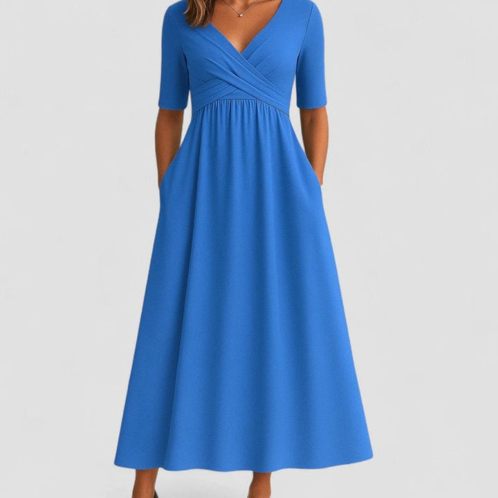 Women's V-Neck Empire-Waist Flared Midi Dress Pockets - Azure Blue