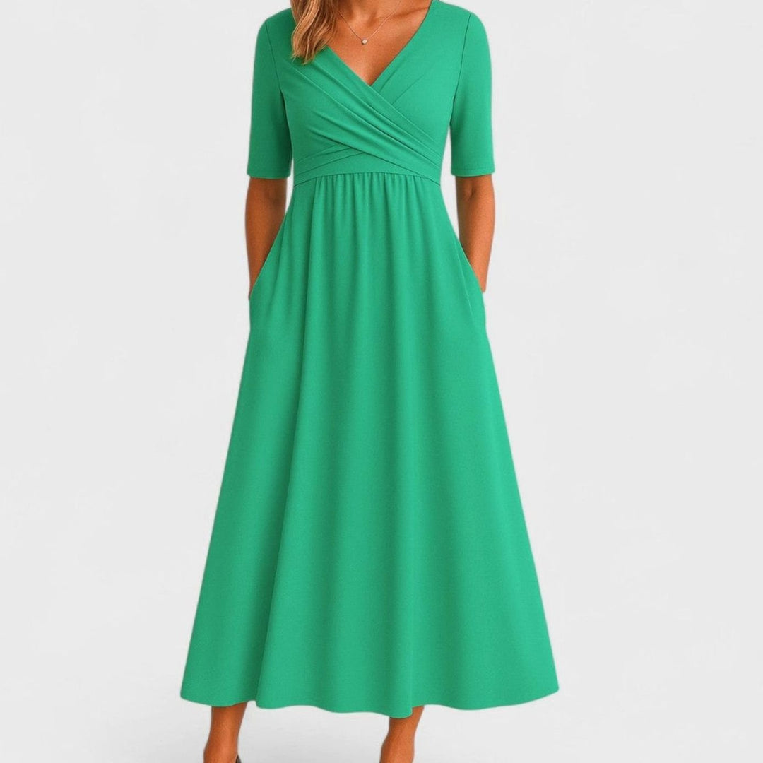 Women's V-Neck Empire-Waist Flared Midi Dress Pockets - Green