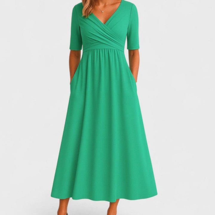 Women's V-Neck Empire-Waist Flared Midi Dress Pockets - Green