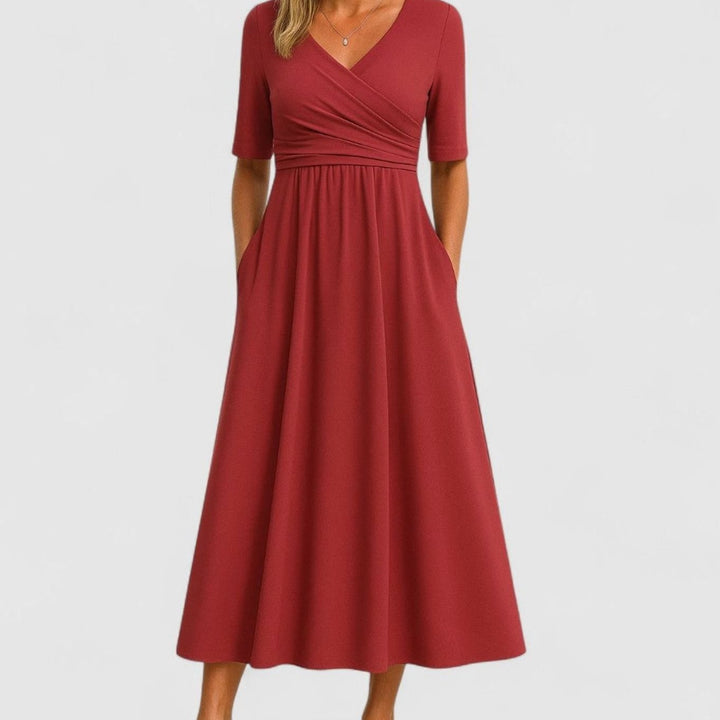 Women's V-Neck Empire-Waist Flared Midi Dress Pockets - Red