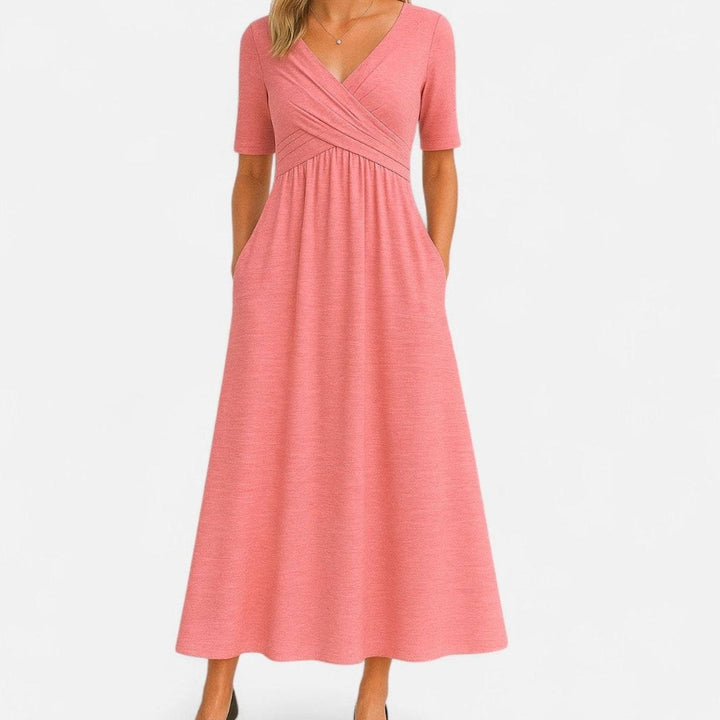 Women's V-Neck Empire-Waist Flared Midi Dress Pockets - Pink