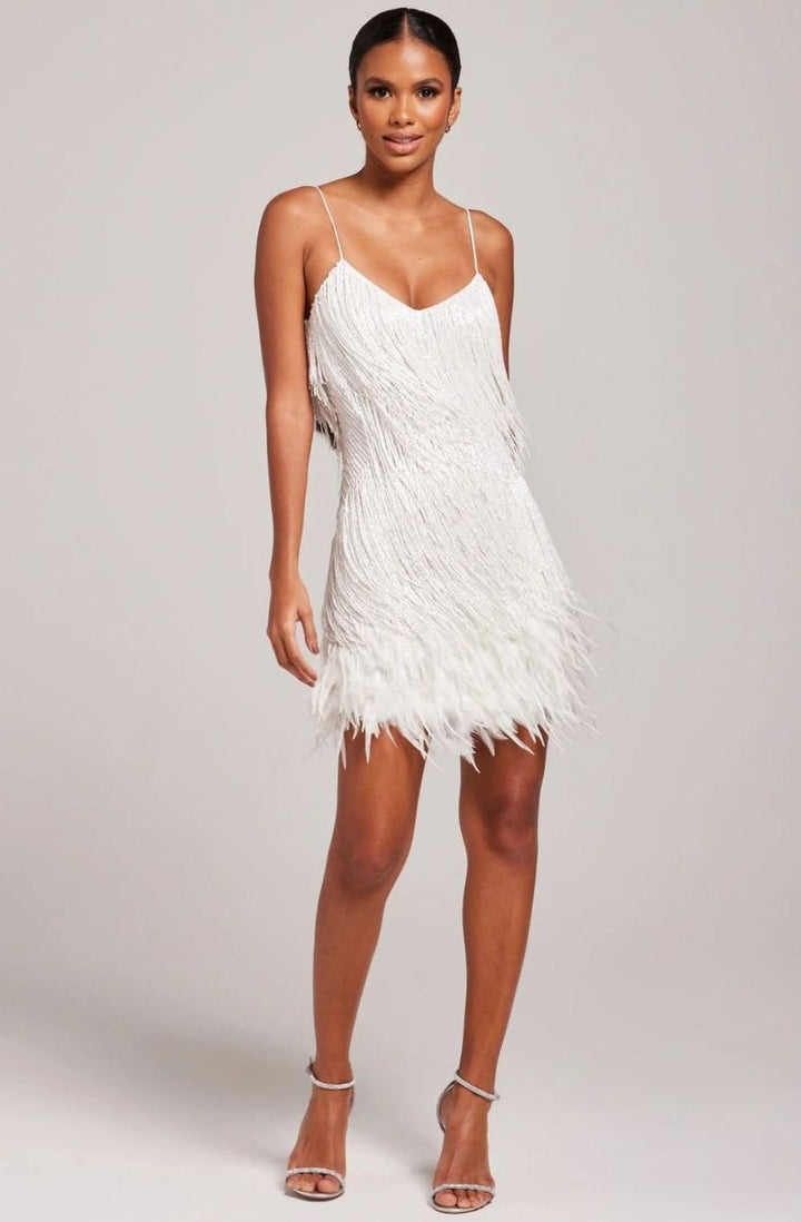 Women's V-Neck Feather-Trim Beaded Fringe Mini Cocktail Dress