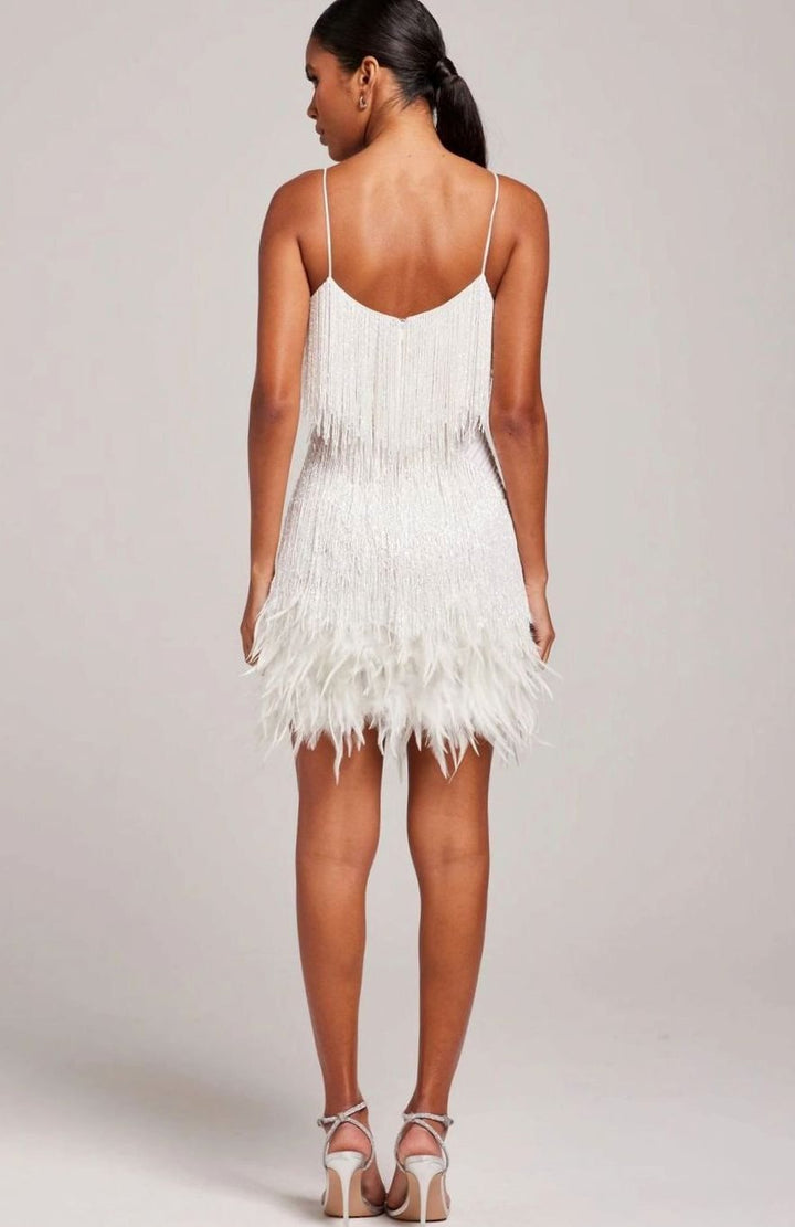 Women's V-Neck Feather-Trim Beaded Fringe Mini Cocktail Dress