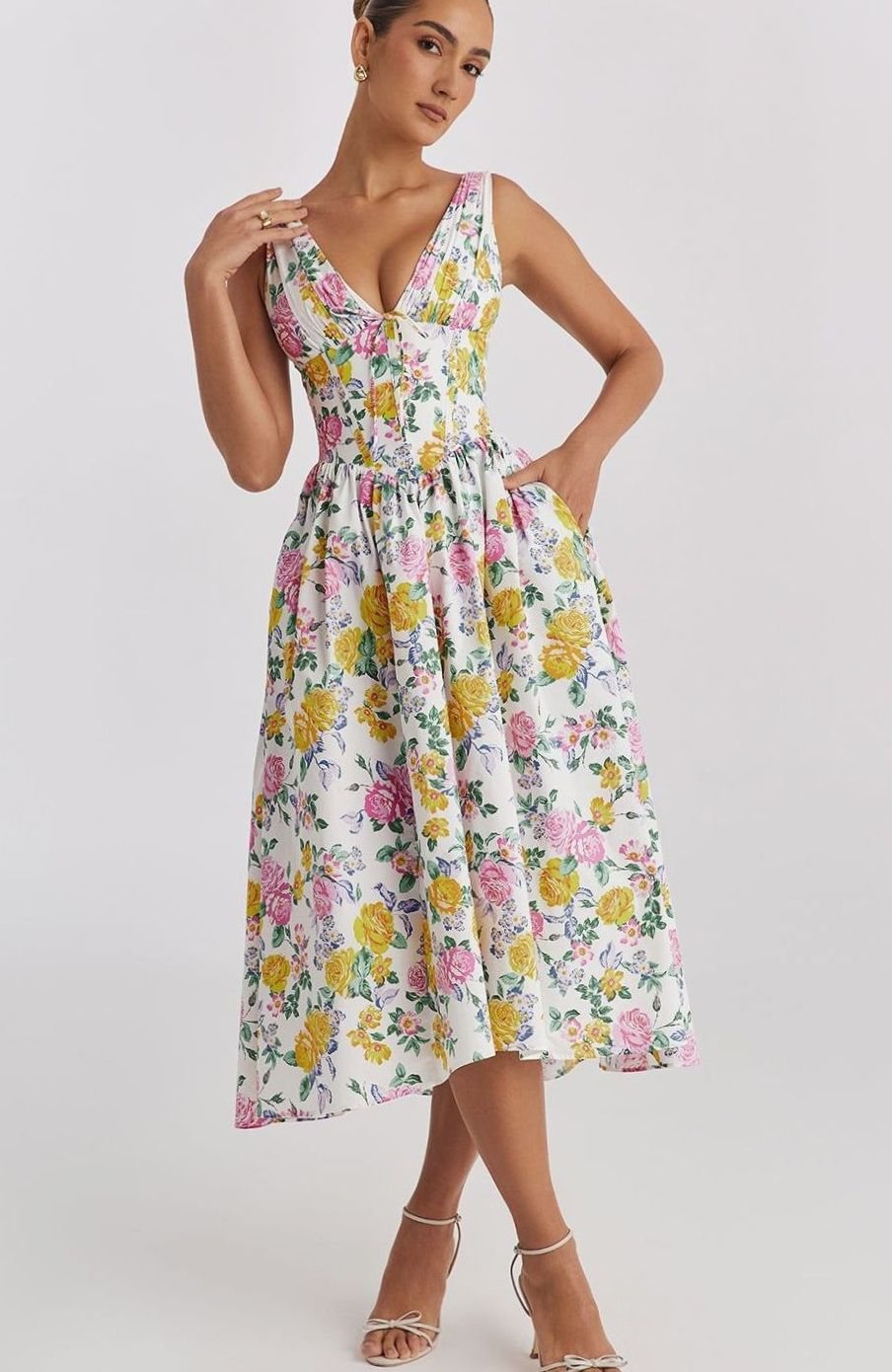 Women's V-Neck Floral Fit-and-Flare Midi Dress Pockets - Yellow Floral
