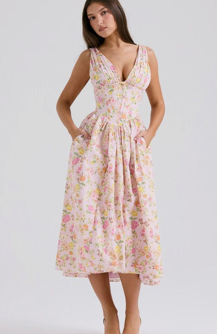 Women's V-Neck Floral Fit-and-Flare Midi Dress Pockets - Pink Floral