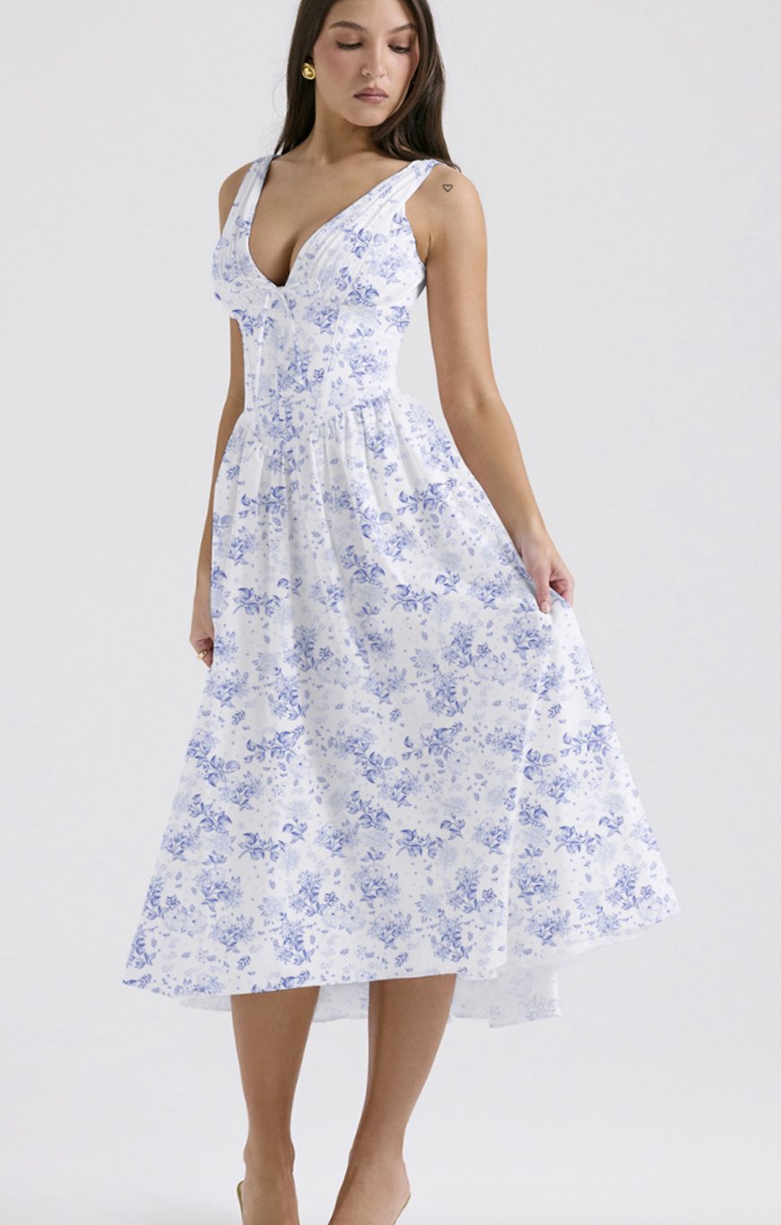 Women's V-Neck Floral Fit-and-Flare Midi Dress Pockets - Blue Floral