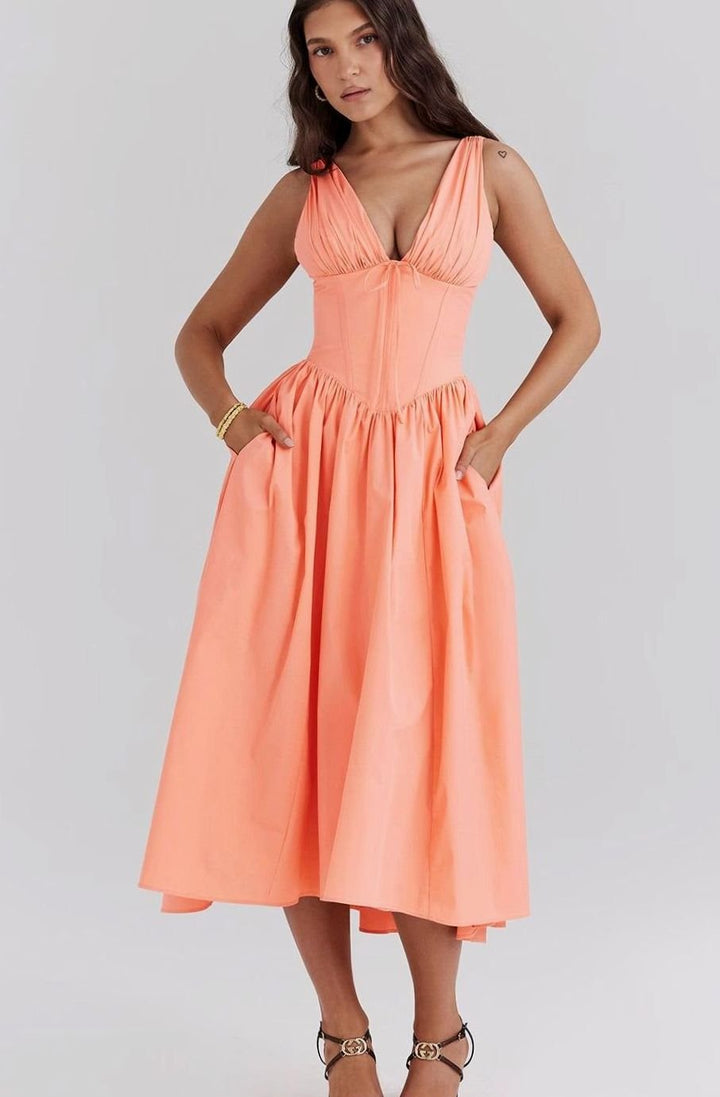 Women's V-Neck Floral Fit-and-Flare Midi Dress Pockets - Peach