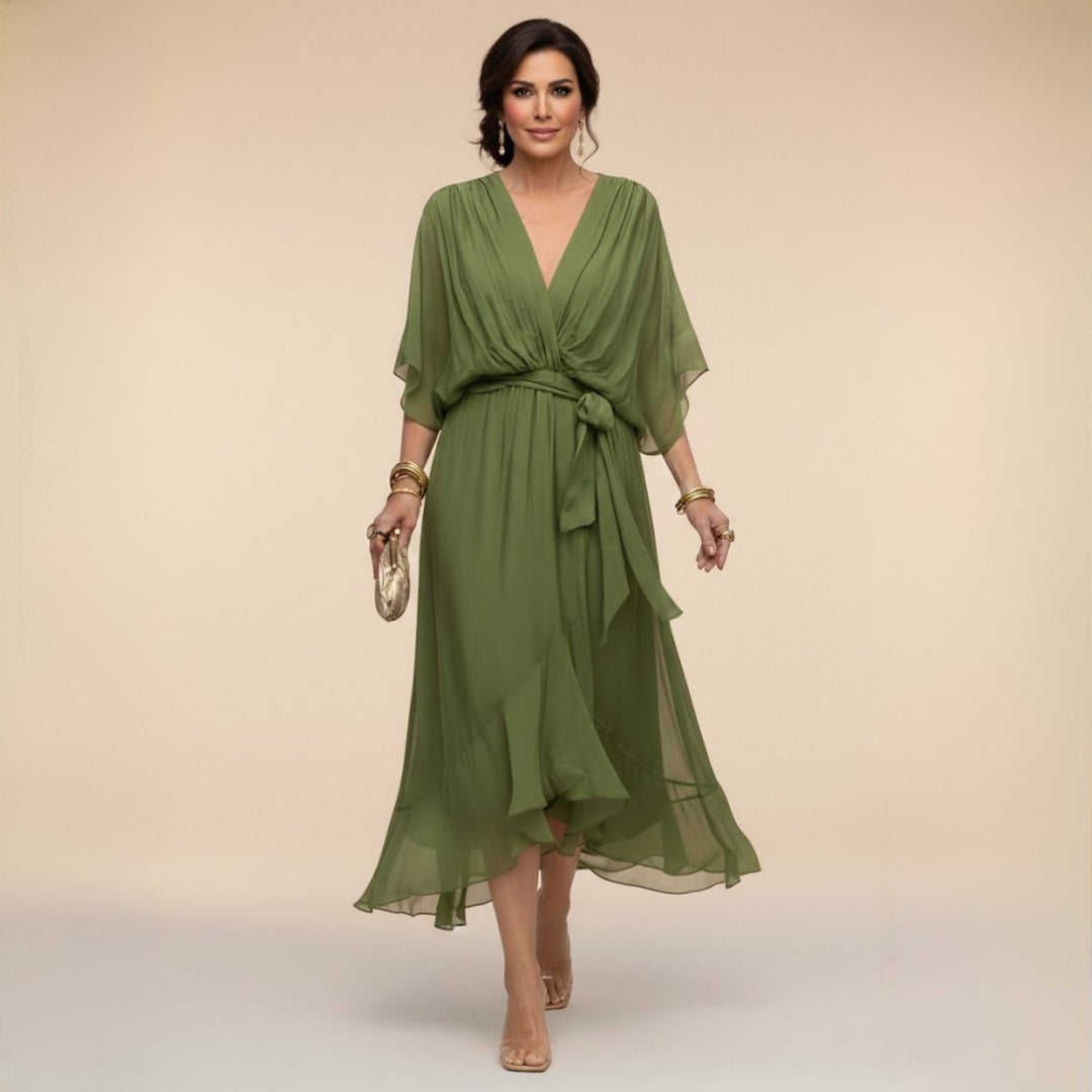 Women's V-Neck Flowy Sleeve Belted Chiffon Midi Dress - Green
