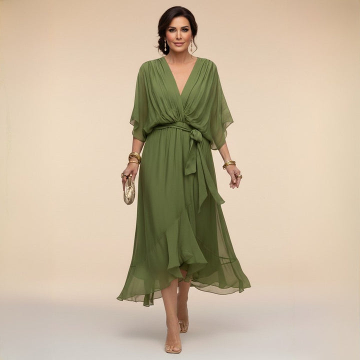 Women's V-Neck Flowy Sleeve Belted Chiffon Midi Dress - Green