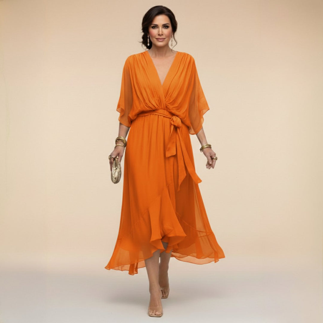 Women's V-Neck Flowy Sleeve Belted Chiffon Midi Dress - Orange