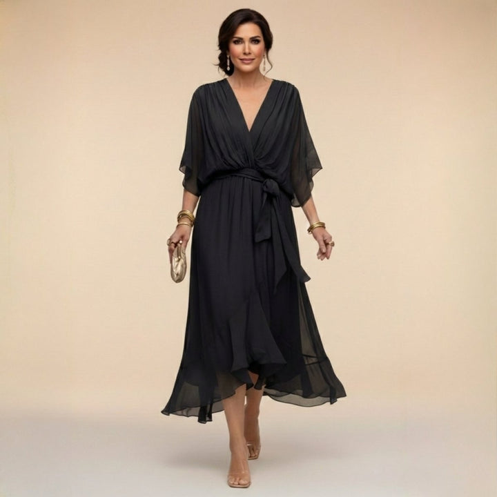 Women's V-Neck Flowy Sleeve Belted Chiffon Midi Dress - Black