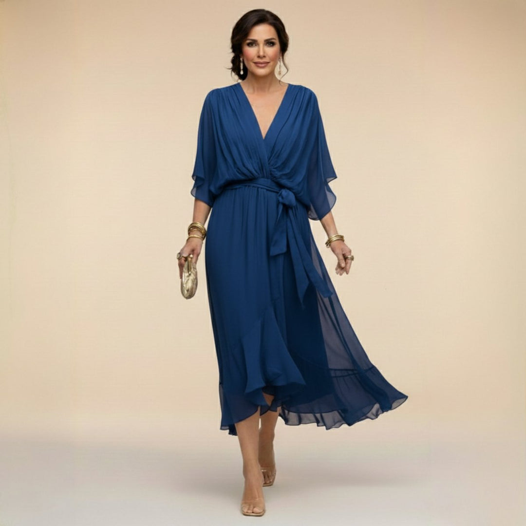 Women's V-Neck Flowy Sleeve Belted Chiffon Midi Dress - Blue