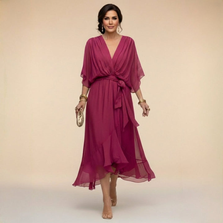 Women's V-Neck Flowy Sleeve Belted Chiffon Midi Dress - Dark Purple