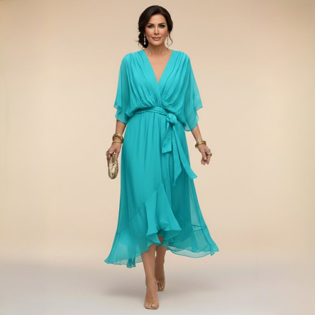 Women's V-Neck Flowy Sleeve Belted Chiffon Midi Dress - Navy Blue