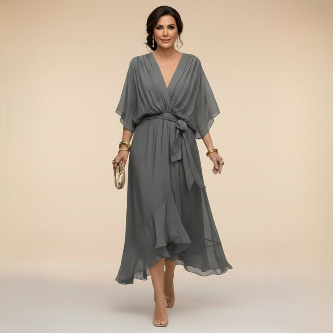 Women's V-Neck Flowy Sleeve Belted Chiffon Midi Dress - Grey