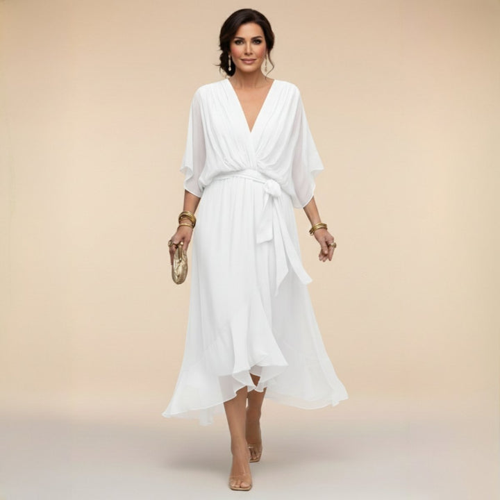 Women's V-Neck Flowy Sleeve Belted Chiffon Midi Dress - White