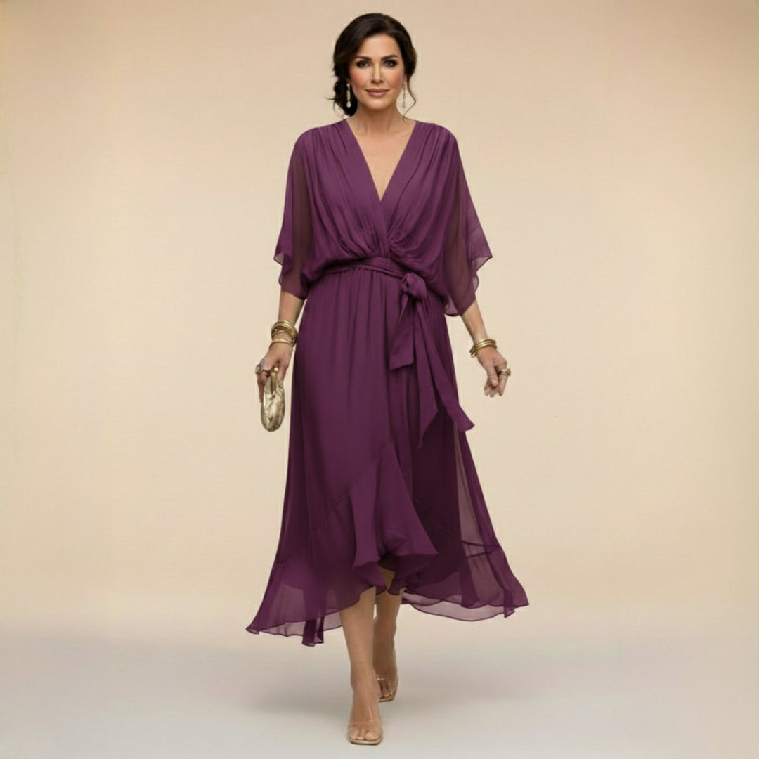 Women's V-Neck Flowy Sleeve Belted Chiffon Midi Dress - Purple