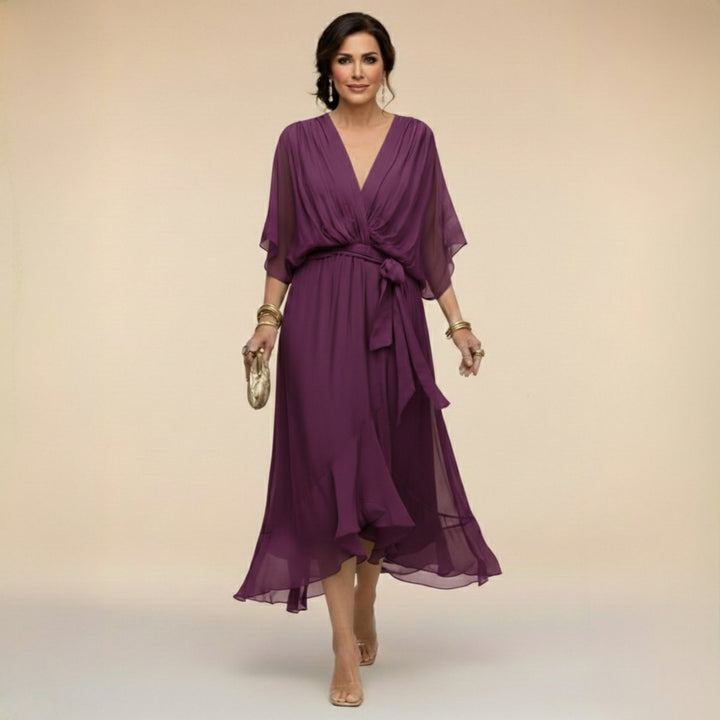 Women's V-Neck Flowy Sleeve Belted Chiffon Midi Dress - Purple