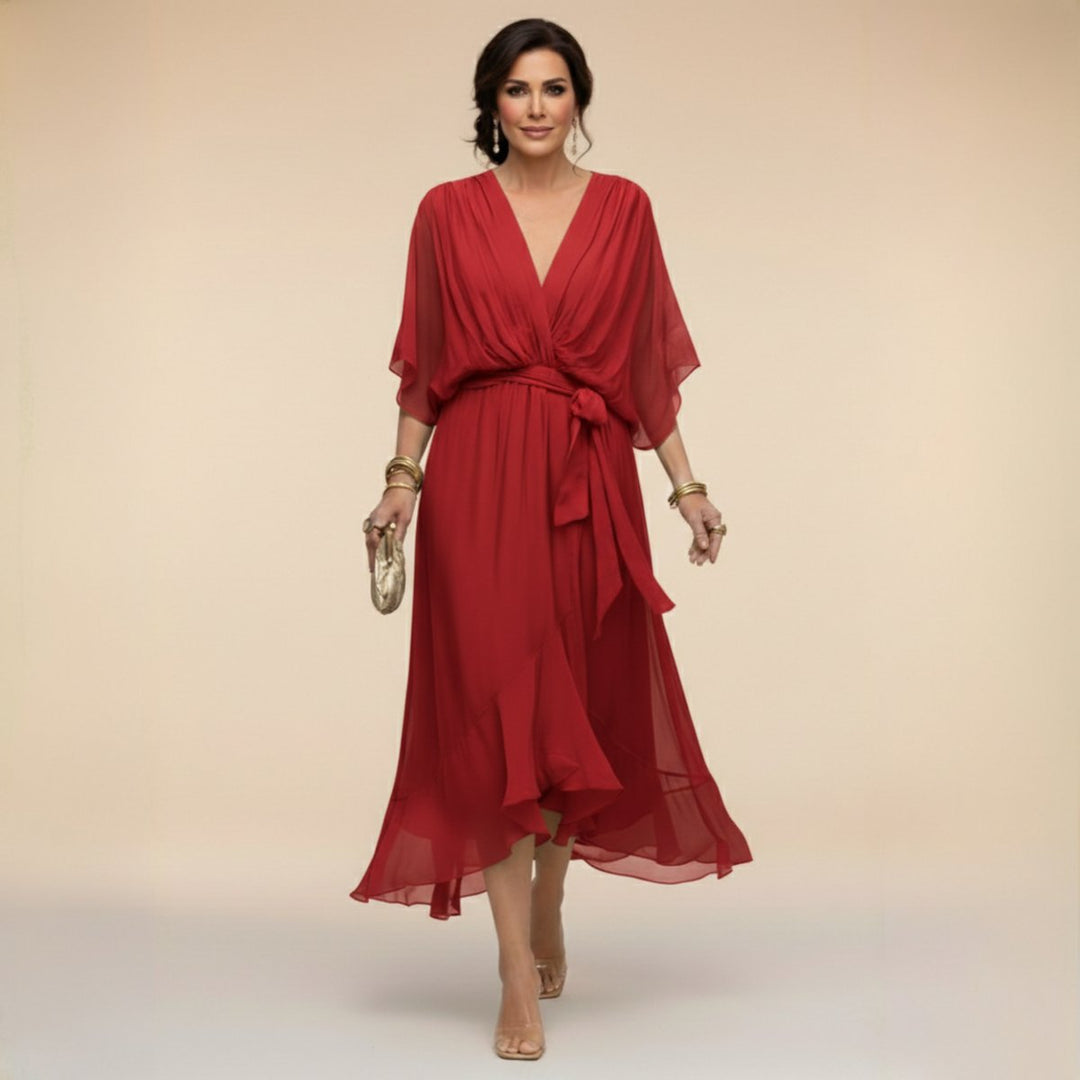 Women's V-Neck Flowy Sleeve Belted Chiffon Midi Dress - Red