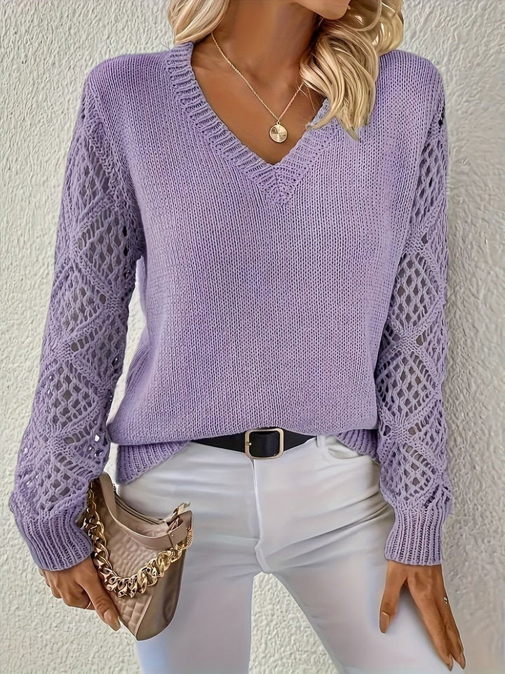 Women's V-Neck Hollow-Sleeve Knit Sweater Jumper - Purple