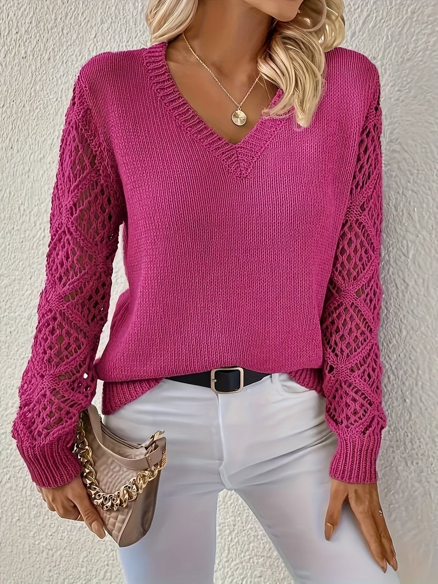 Women's V-Neck Hollow-Sleeve Knit Sweater Jumper