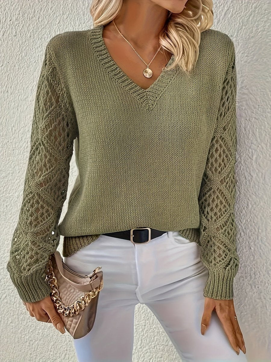 Women's V-Neck Hollow-Sleeve Knit Sweater Jumper - Olive Green