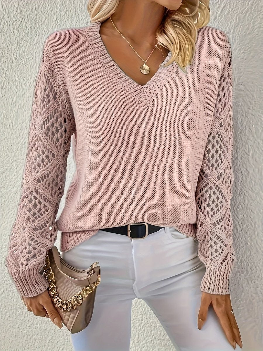 Women's V-Neck Hollow-Sleeve Knit Sweater Jumper - Pink