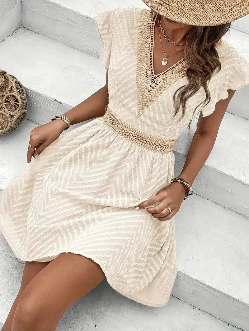 Women's V-Neck Lace-Trim Cap-Sleeve Flared Mini Dress