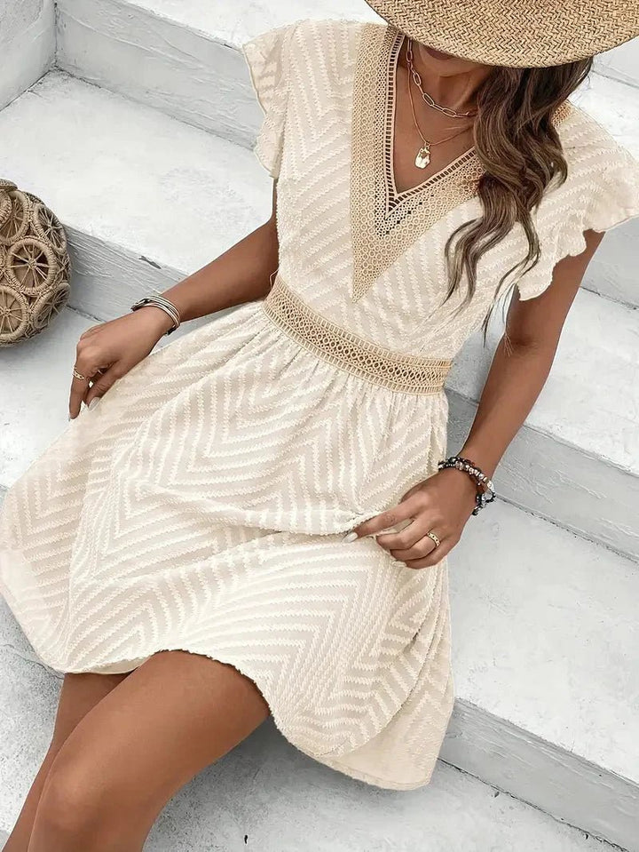 Women's V-Neck Lace-Trim Cap-Sleeve Flared Mini Dress