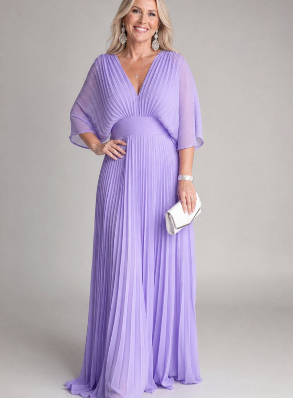Women's V-Neck Pleated Cape-Sleeve Maxi Party Dress - Purple