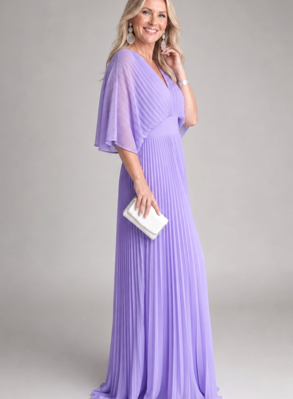 Women's V-Neck Pleated Cape-Sleeve Maxi Party Dress