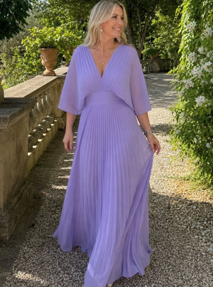 Women's V-Neck Pleated Cape-Sleeve Maxi Party Dress